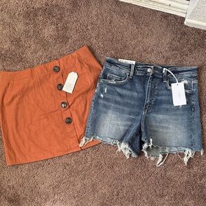 Women's Denim Shorts and Orange Button-Front Skirt